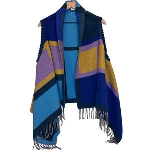 Cristina Chiti Geometric Colorblock Wool Blend Vest Size L Layering Shawl Fringe